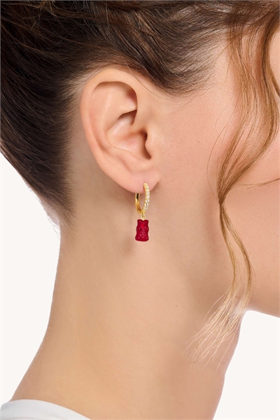 Серьги-кольца с покрытием из 18-каратного желтого золота и подвеской в виде красного медвежонка артикул 153899103