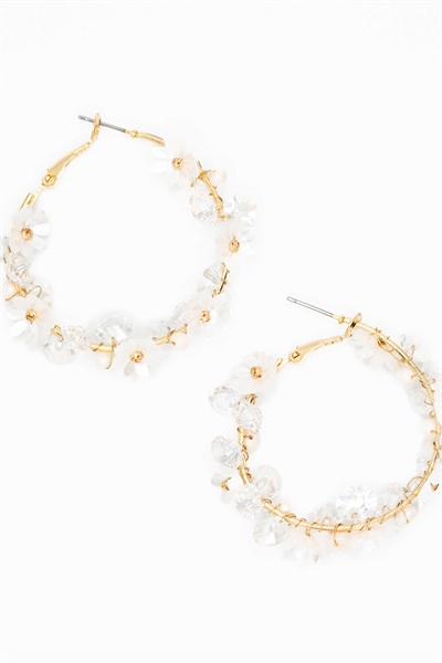 Серьги-кольца в виде цветка с позолотой, пресноводными жемчужинами и стразами артикул 152361479