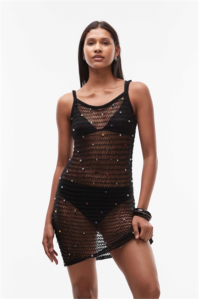 Мини-платье из трикотажа с вышивкой и разноцветными бусинами артикул 141382124