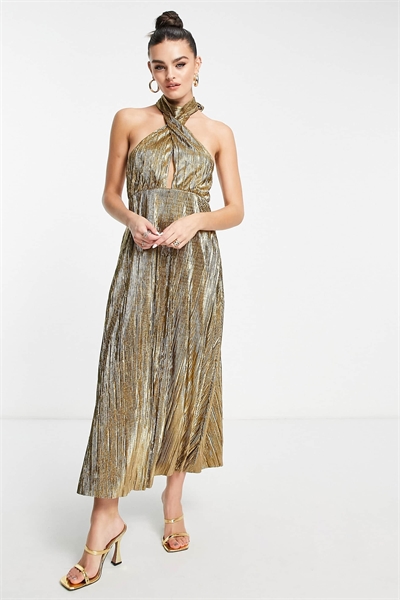 Платье средней длины с вырезами и плиссированным верхом, отделанное золотом артикул 118757091