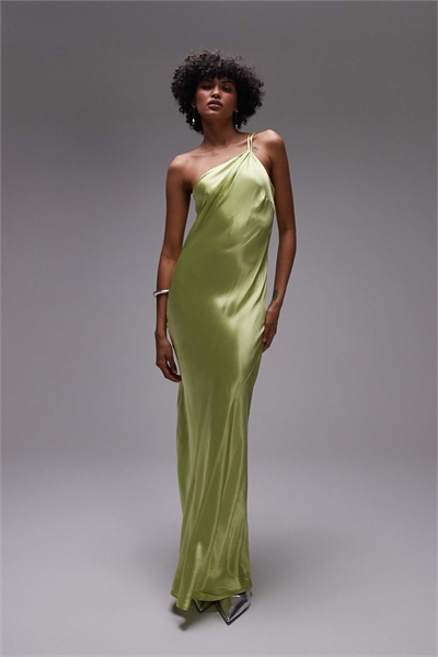 Асимметричное платье средней длины с одним плечом и открытой спиной из лаймового атласа для торжественных случаев артикул 144216405