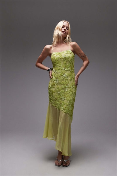 Платье-ками с украшенным подолом в форме клина, лимонно-зеленого цвета артикул 142428425