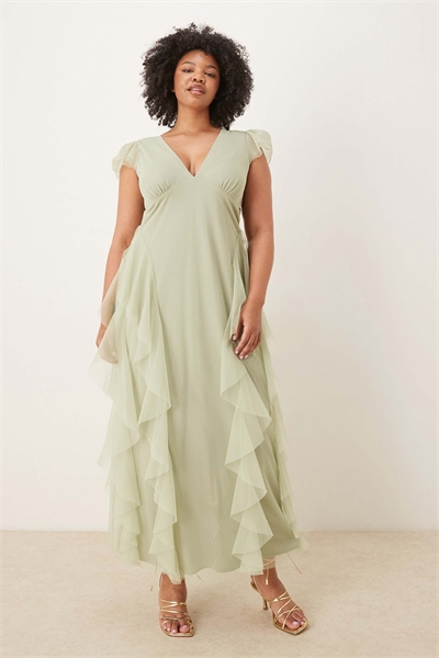 Макси-платье для подружки невесты с глубоким вырезом, тюлевыми оборками и шалфейно-зеленым цветом артикул 154416418