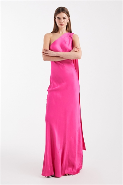 Макси-платье для подружки невесты из атласа с одним плечом и драпировкой в виде шарфа артикул 153576606