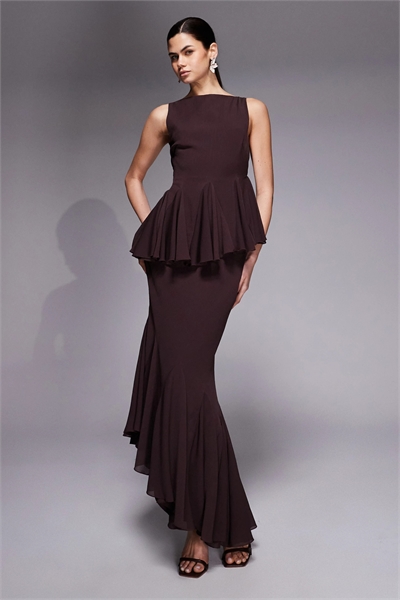 Макси-платье с высоким вырезом, годетами и асимметричным подолом артикул 153728461