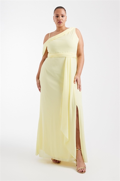 Шифоновое макси-платье с опущенными плечами, шарфом и драпировкой, цвет лимонный артикул 153113850