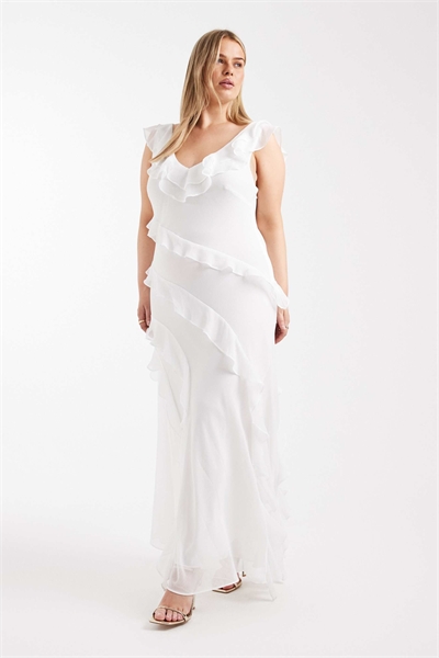 Свадебное макси-платье из шифона с рюшами цвета слоновой кости артикул 153120558