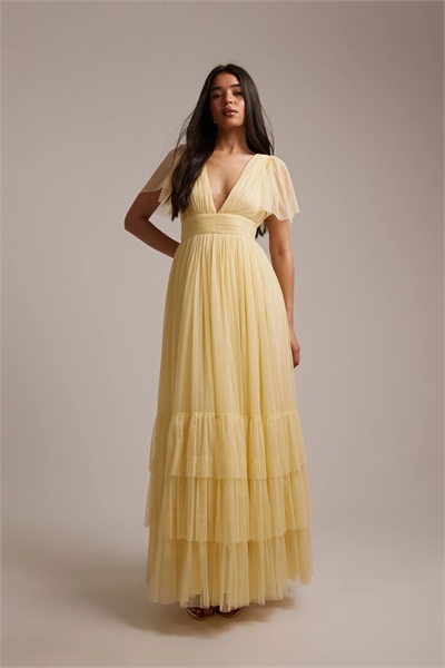 Макси-платье из тюля с воланами на рукавах и глубоким вырезом артикул 152319628