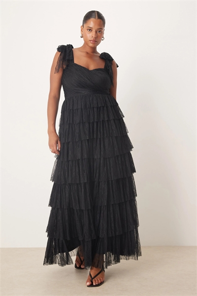 Макси-платье с кружевным бантом на плече и многослойным силуэтом артикул 149851946