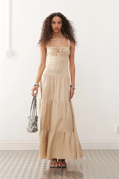 Макси-платье из смешанного льна в форме сердца с многослойным кроем и пуговицами в стиле «милкмейд» артикул 147554611