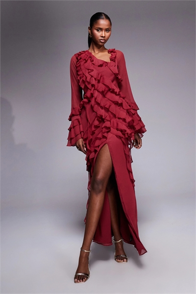 Макси-платье из шифона с длинными рукавами, асимметричным кроем, мягкими оборками и многослойным силуэтом артикул 149004905