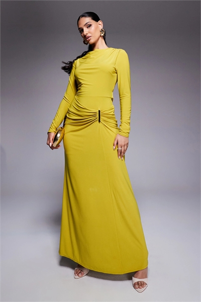 Макси-платье с длинными рукавами, драпировкой, сборками на юбке и отделкой артикул 143380076