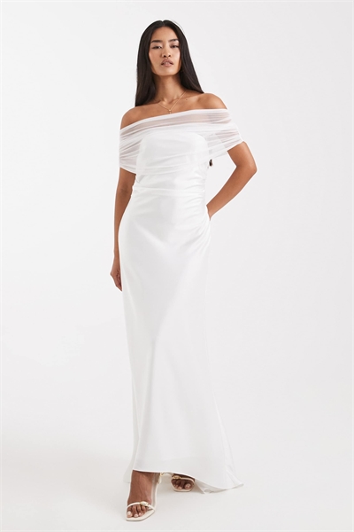 Свадебное макси-платье с открытыми плечами, сетчатым верхом и асимметричным подолом артикул 151898564