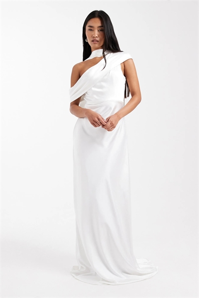 Свадебное атласное макси-платье с одним плечом артикул 151898563