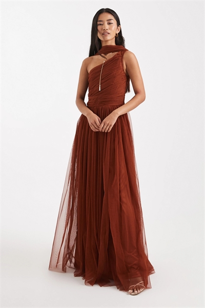 Макси-платье для подружки невесты с одним плечом и шарфом на шее артикул 149954752