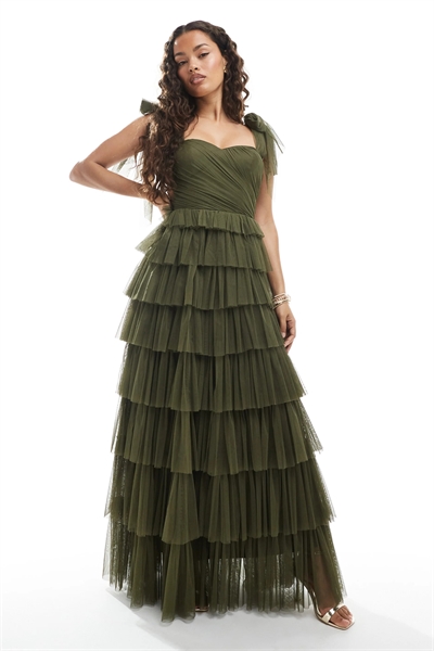 Макси-платье с завязками на плечах из тюля артикул 146852998