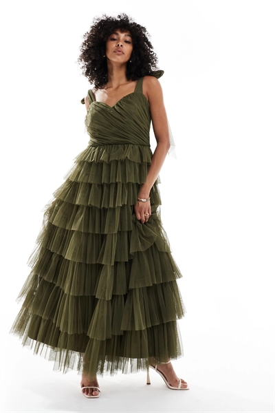 Макси-платье с завязками на плечах из тюля артикул 146850770