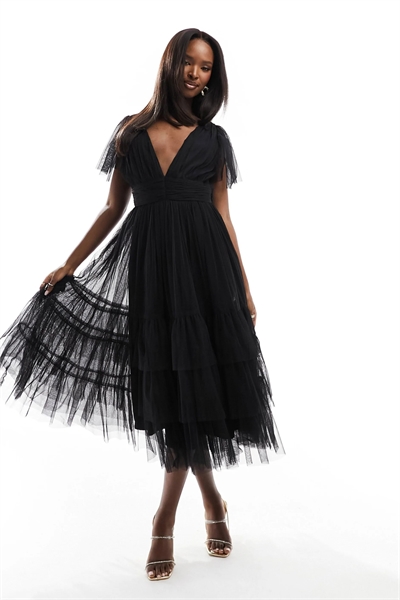 Платье средней длины из тюля с V-образным вырезом для подружки невесты от Madison артикул 134042591