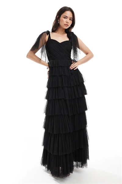 Макси-платье с тюлевым бантом на плече артикул 146850767