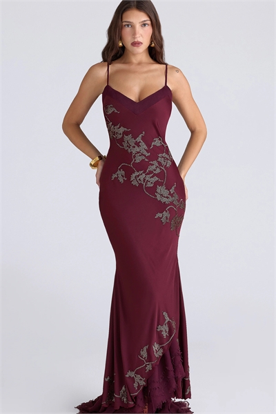 Атласное макси-платье Anastelle цвета сливы с ручной вышивкой бисером — ограниченная серия артикул 153530176