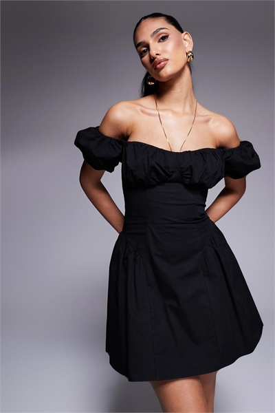 Эксклюзивное мини-платье из поплина с высоким содержанием хлопка, с буфчатыми рукавами и складками на бедрах артикул 140075357