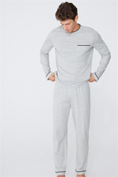 Мужская длинная пижама из хлопка с кантом артикул 154357379