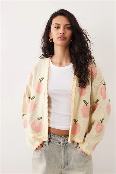 Кардиган с цельным вырезом и рисунком в виде персиков по всей поверхности артикул 156148981
