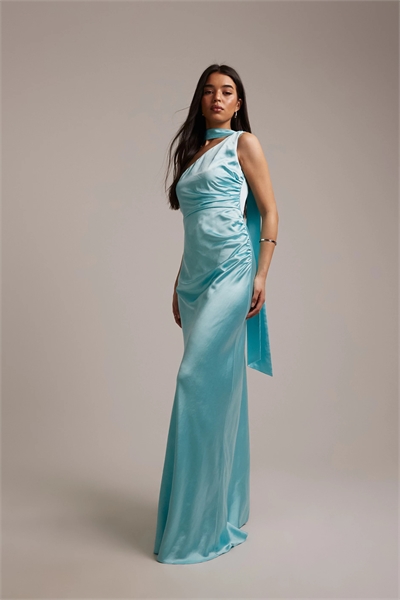 Макси-платье для подружки невесты с одним плечом, украшенное шарфом и сборками артикул 154049775