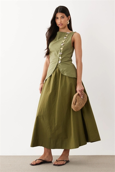 Макси-платье с жилетом под льняную ткань и юбкой из поплина артикул 152461456