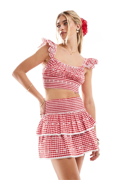 Мини-юбка из клетчатой ткани с воланами co-ord артикул 146857193