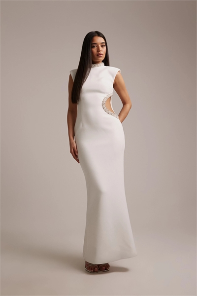 Кристальное свадебное макси-платье с высоким воротником, вырезами и стразами, с короткими рукавами артикул 154052900