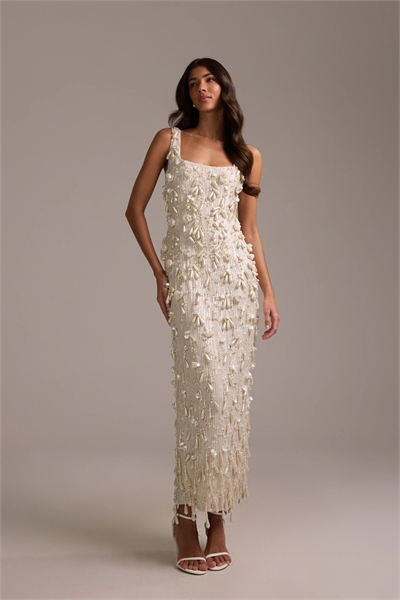 Макси-платье с квадратным вырезом, украшенное жемчугом, с бахромой из бисера артикул 153083909