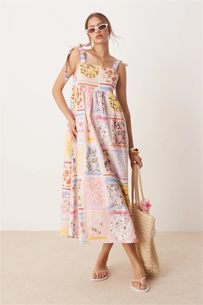 Макси-платье с принтом в виде открытки и завязками на плечах артикул 141307531