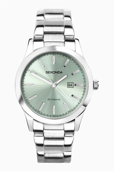 Женские аналоговые часы Taylor с круглым корпусом из серебряного сплава, браслетом из нержавеющей стали серебристого цвета и светло-зеленым циферблатом артикул 133898828