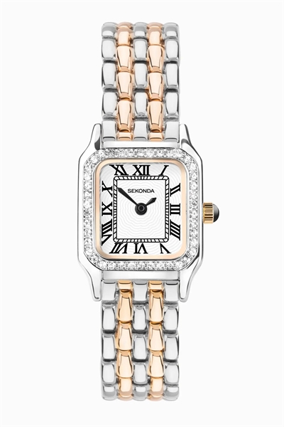 Женские аналоговые часы Monica с прямоугольным корпусом из двухцветного сплава, браслетом из двухцветного сплава и белым циферблатом артикул 134711318