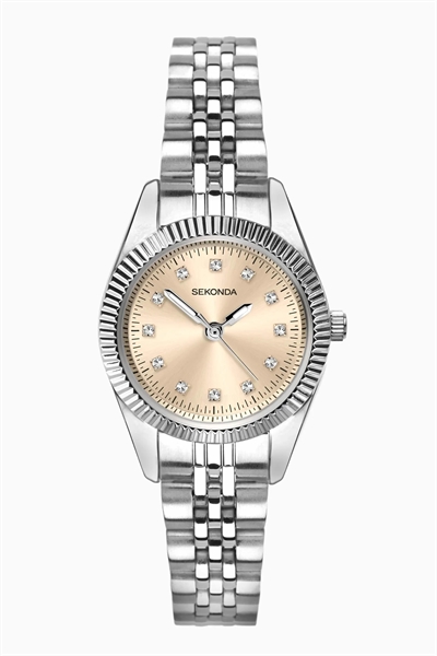 Женские аналоговые часы Francis с круглым корпусом из серебряного сплава, браслетом из нержавеющей стали серебристого цвета и циферблатом розового цвета артикул 119875917