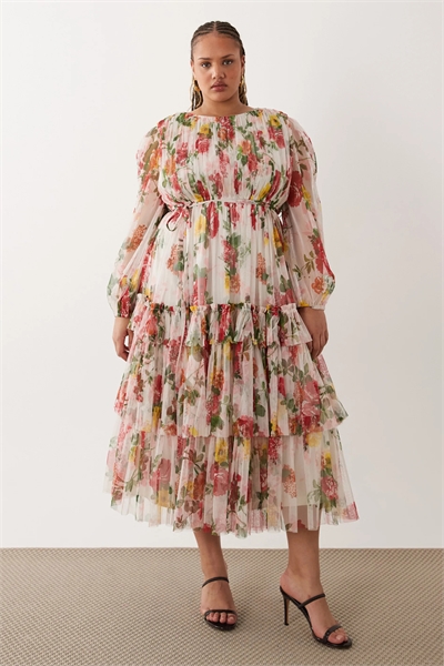 Платье средней длины с воланами и круглым вырезом артикул 155943653