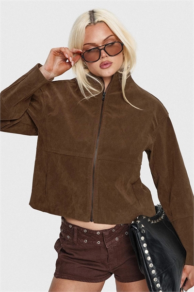 Укороченная куртка из искусственной замши с воротником-воронкой и застежкой-молнией артикул 153364454