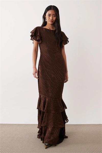 Макси-платье с оборками на рукавах из ткани деворе артикул 153148912