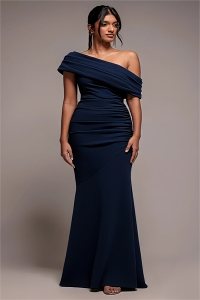 Макси-платье с плиссировкой, одним плечом и вырезом «бардо», зауженное вверху и расклешенное внизу артикул 156195765