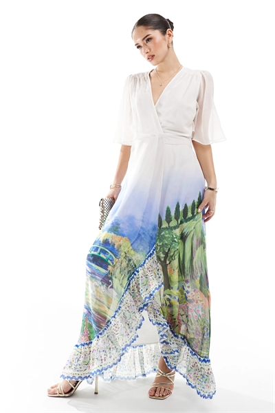 Макси-платье с запахом и рукавами-крылышками, завязывающееся на талии артикул 140656839