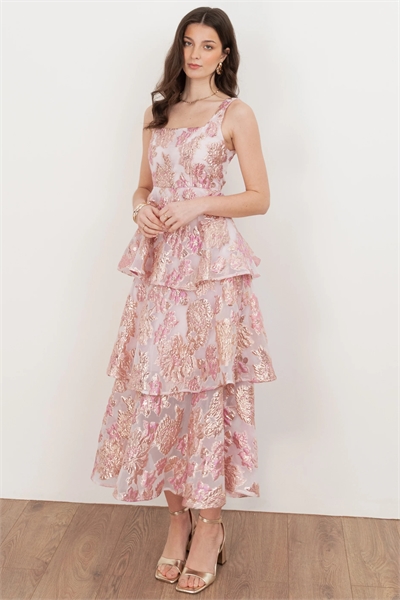 Платье средней длины с квадратным вырезом и многослойным силуэтом из ткани с цветочным жаккардовым узором артикул 156164936