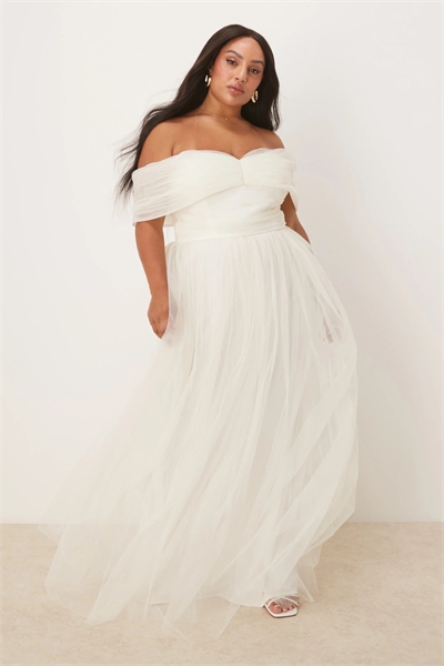 Макси-платье из тюля с открытыми плечами артикул 143256864