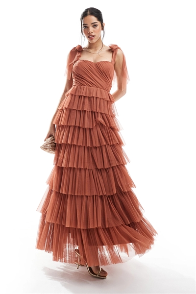 Макси-платье с завязками на плечах из тюля артикул 143754086