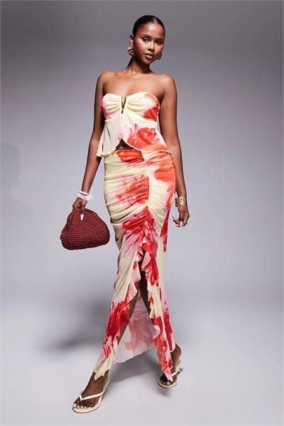 Макси-юбка из сетчатого материала с боковыми рюшами и разрезом co-ord артикул 147827254