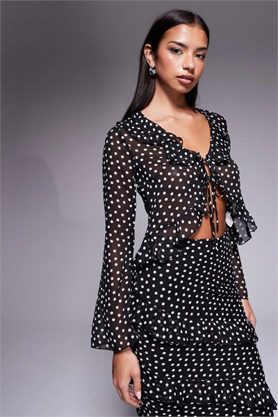 Блузка с воланами в горошек и галстуком co-ord артикул 152378510