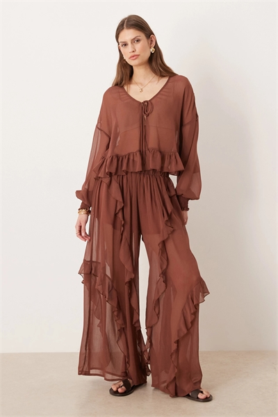 Брюки с широкими штанинами и оборками в стиле бохо артикул 154027873