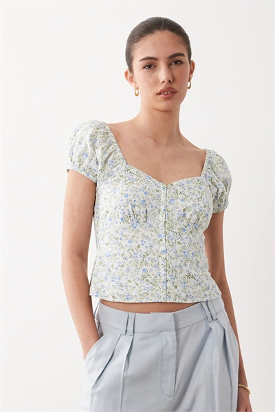 Топ с V-образным вырезом, сборками на спинке и рукавами-буфетками артикул 153888219