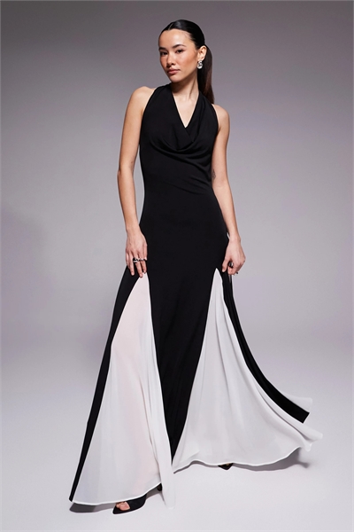 Макси-платье из шифона с завязками на шее и контрастными вставками артикул 154078814