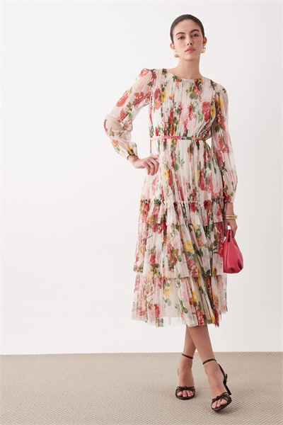 Платье средней длины с воланами и круглым вырезом артикул 155813601